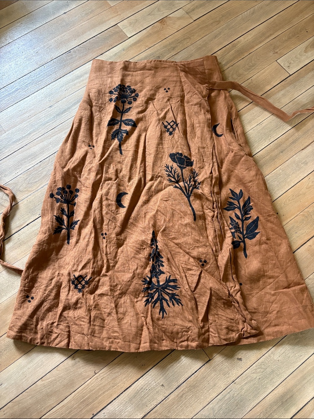 Rare! SISTER NETTLE Rust Black Block Print Linen Wrap Skirt - Picture 3 of 3